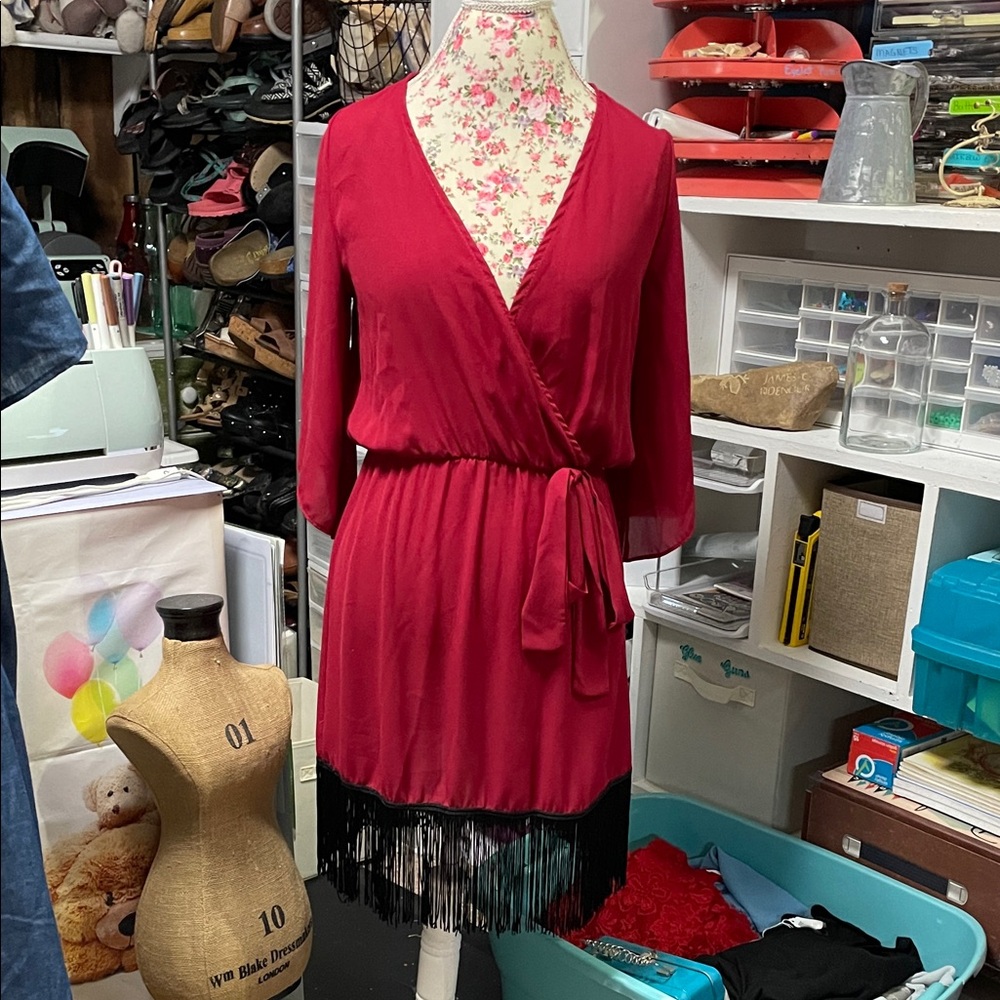 TRUE LIGHT Red Mini Dress with Black Fringe